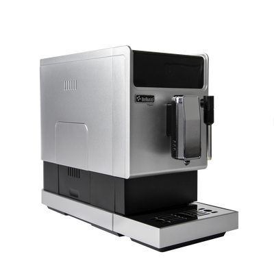 White and black coffee machine with a visible brand logo on a white background