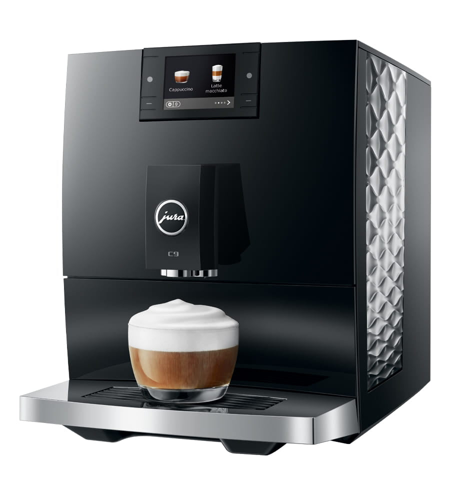 Modern coffee machine with a cup of coffee on a white background