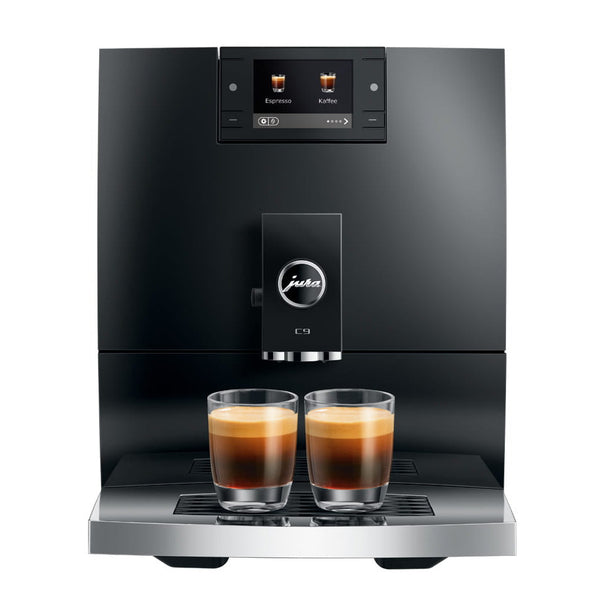 Jura coffee machine with two cups of coffee on a white background