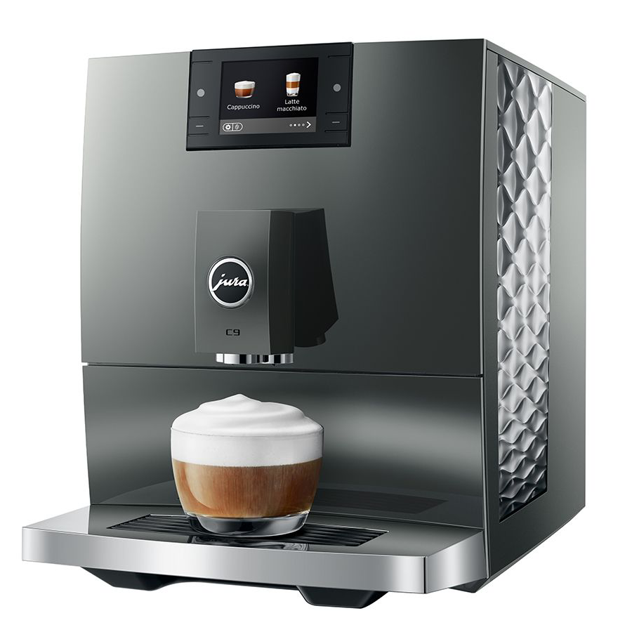 Modern coffee machine with a cup of coffee and froth on a white background