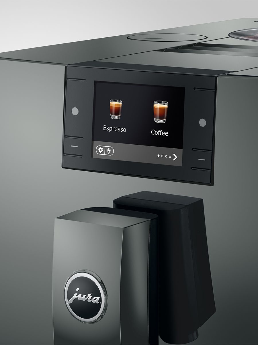 Jura coffee machine with digital display on a gray background