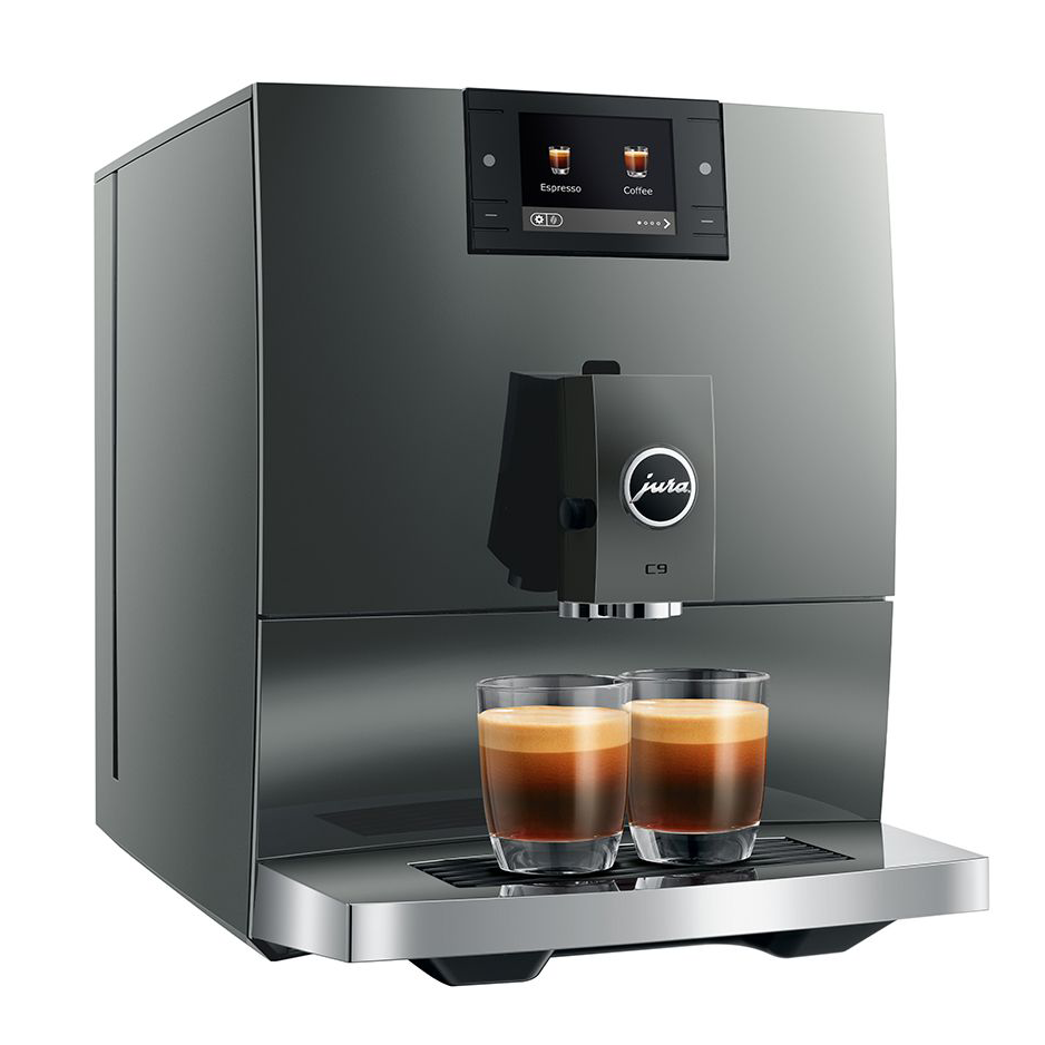 Modern coffee machine with two glasses of coffee on a white background