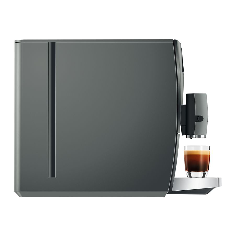 Gray coffee machine with a glass of coffee on a white background