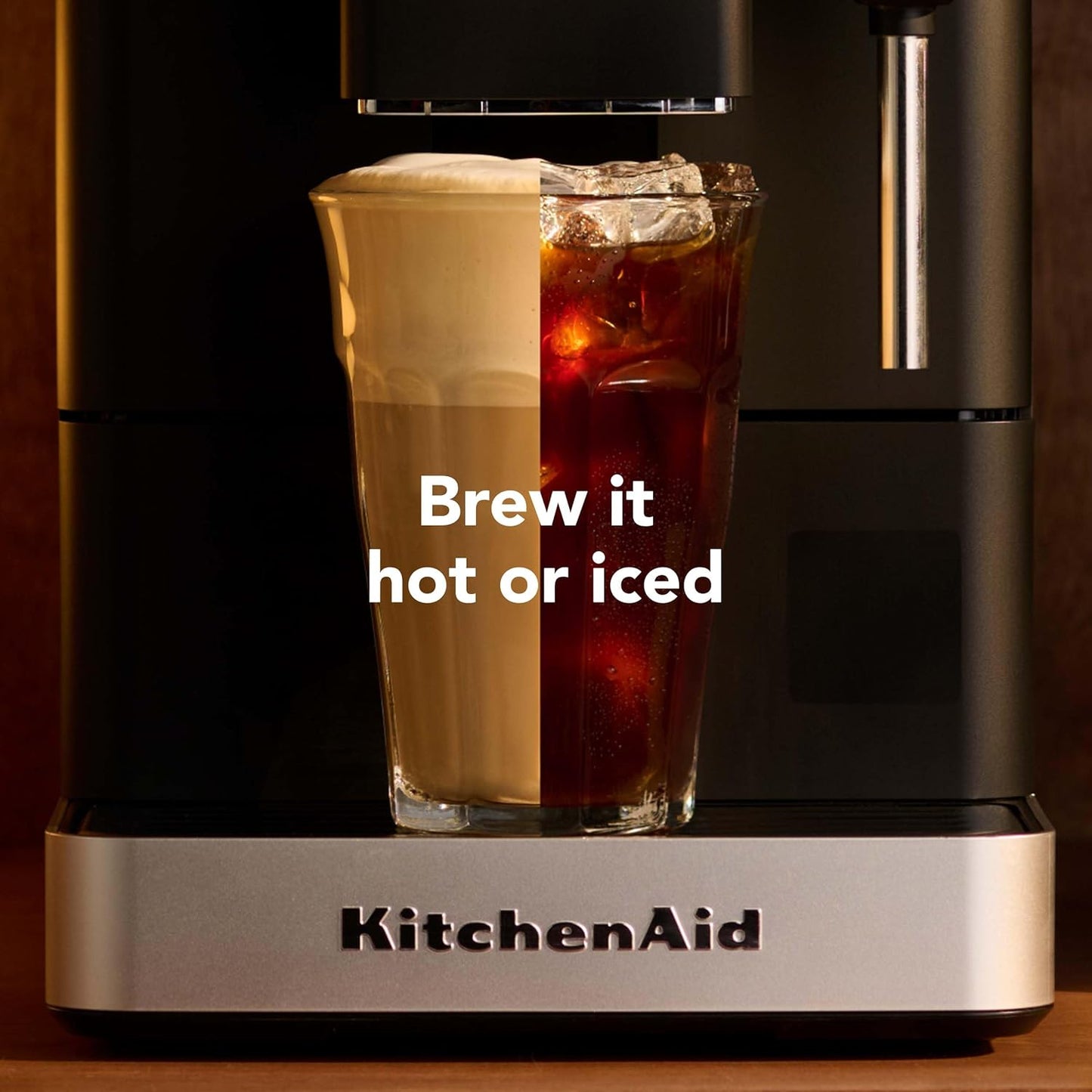 KitchenAid coffee machine with a glass of hot and iced coffee, text 'Brew it hot or iced'.