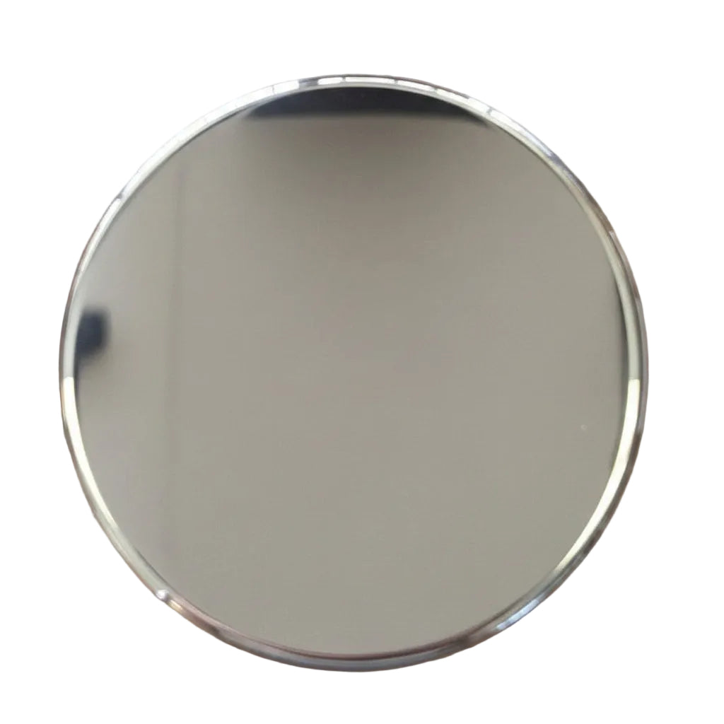 Round chrome hopper lid on a white background