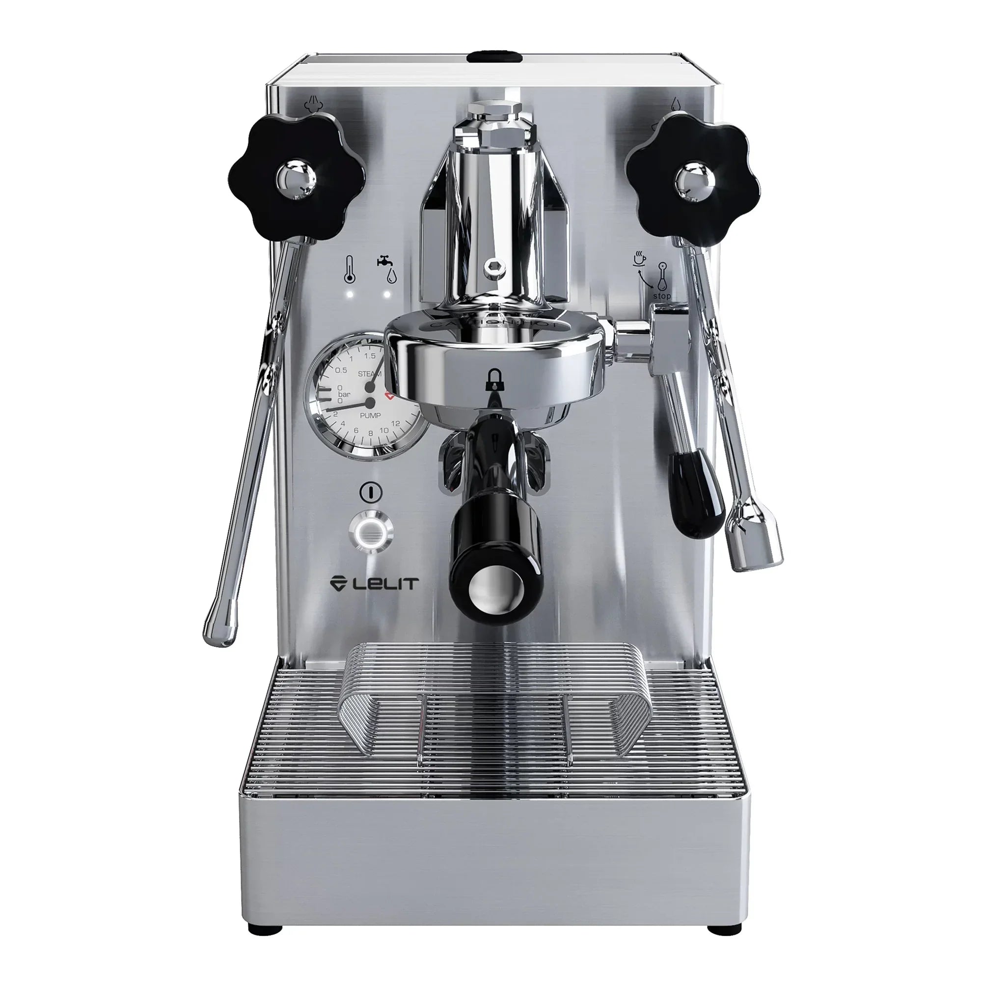 Silver espresso machine with black handles on a white background