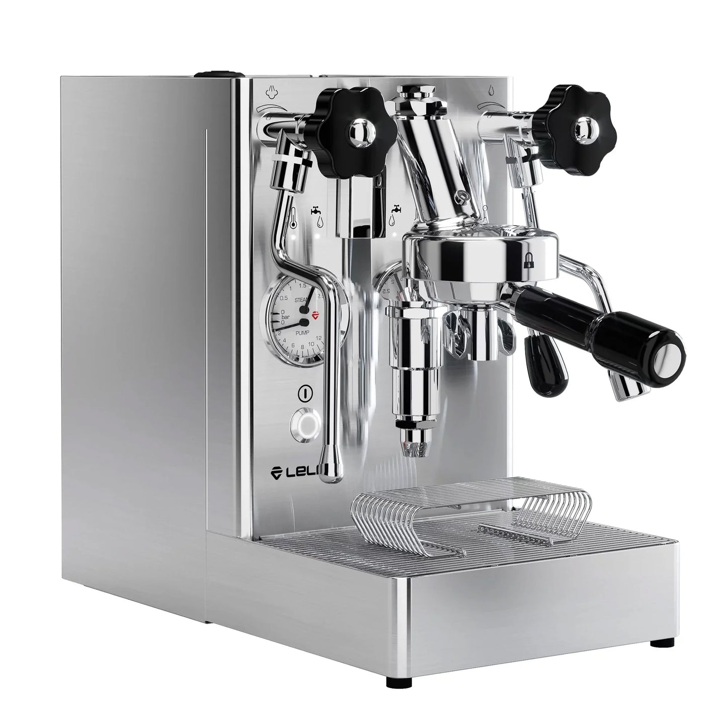Silver espresso machine with black handles on a white background