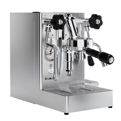 Silver espresso machine with black handles on a white background