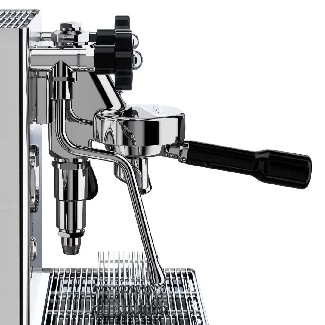 Espresso machine with a focus on the brewing group on a white background