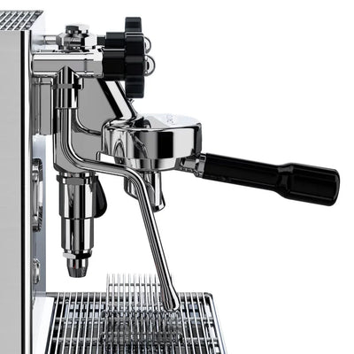 Espresso machine with a focus on the brewing group on a white background