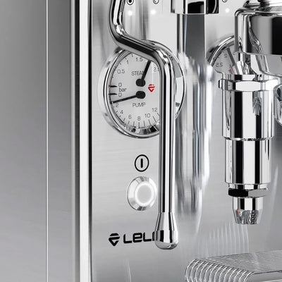 Close-up of a coffee machine with a gauge featuring the Lelit brand.