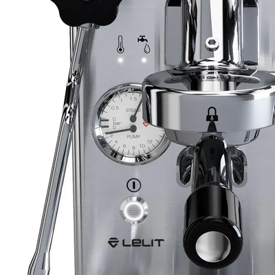 Close-up of a Lelit espresso machine with steam wand.
