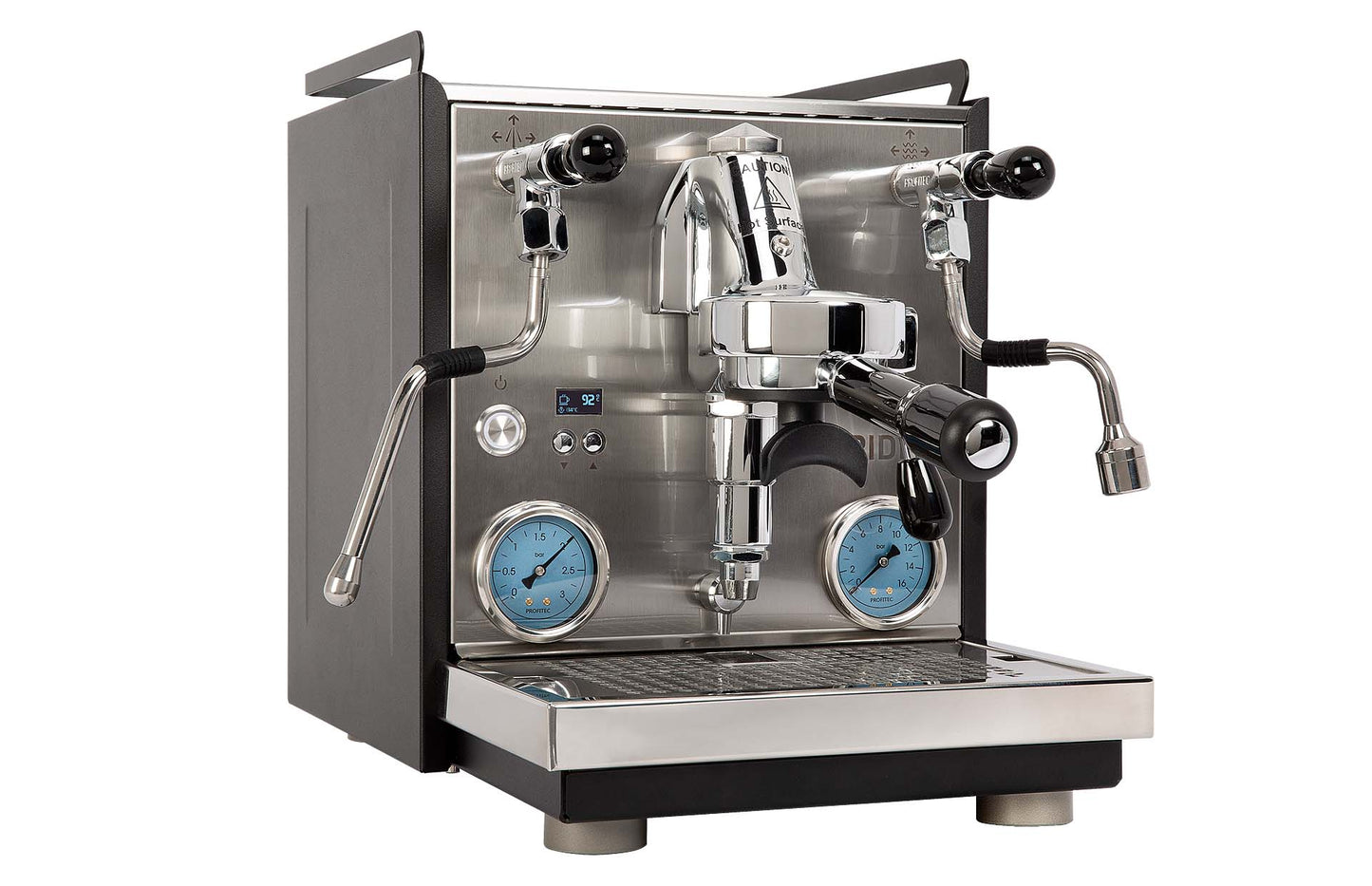 Professional espresso machine with two pressure gauges on a white background