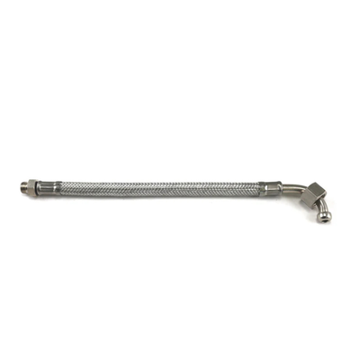 A stainless steel braided metal hose with a 90-degree elbow on one end, shown against a plain white background.