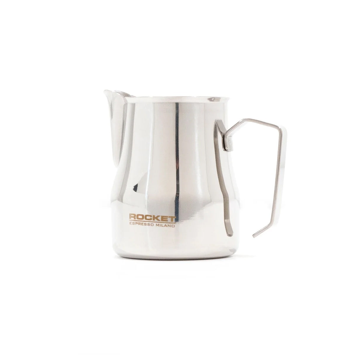 A polished stainless steel milk pitcher with a curved handle and spout, featuring the 'ROCKET ESPRESSO MILANO' logo printed in gold near the base, set against a plain white background.