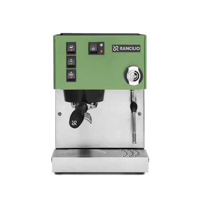 Green and silver espresso machine with Rancilio logo on a white background