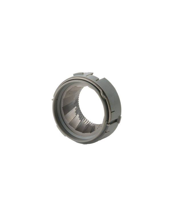 A gray plastic ring-shaped mechanical component with internal teeth or slots, shown on a plain white background.