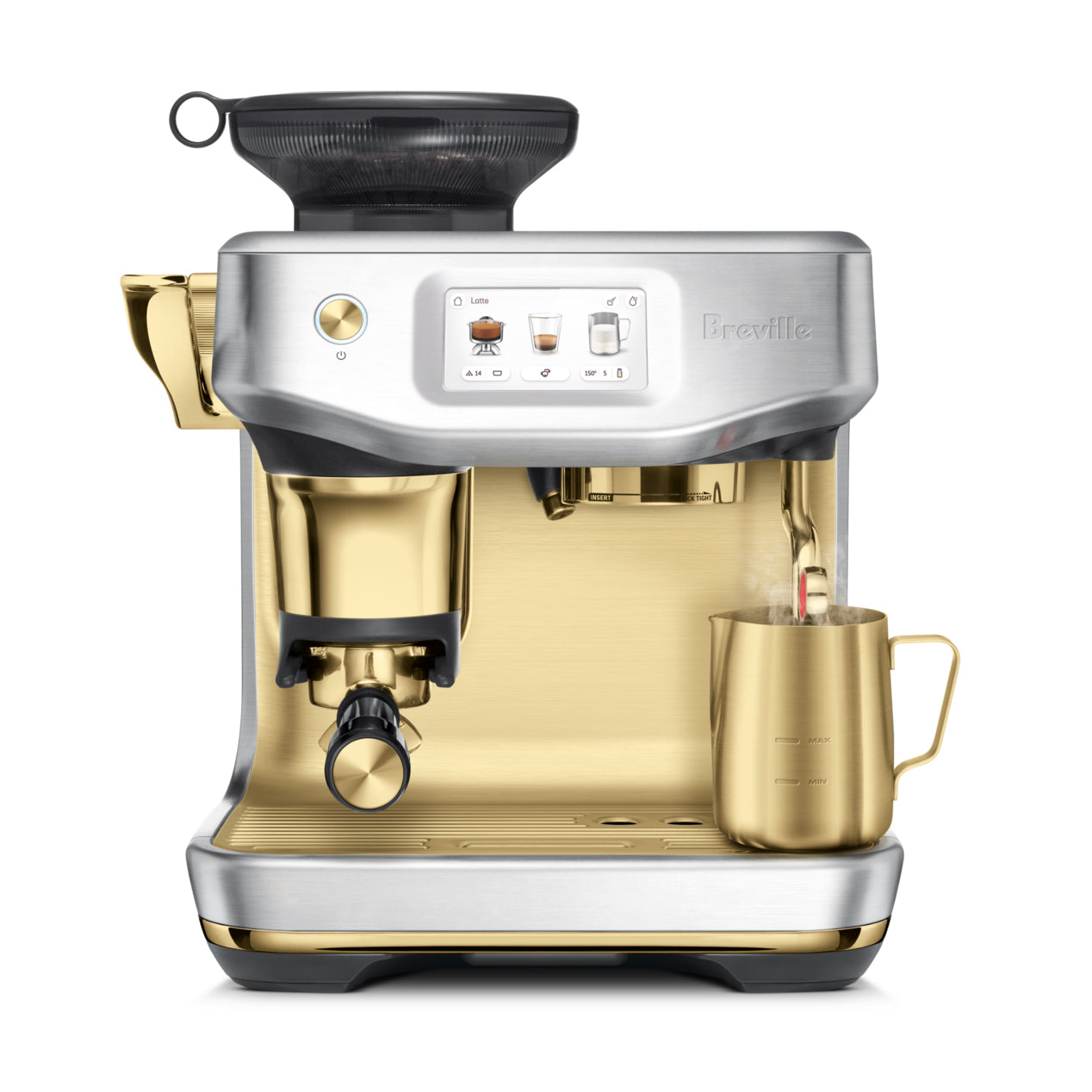Gold and silver espresso machine with a digital display on a white background