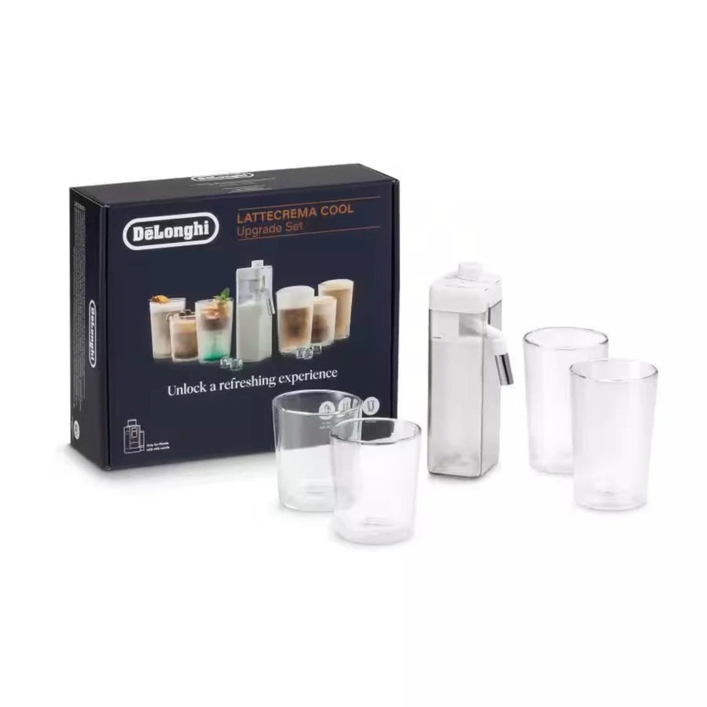 Delonghi Rivelia LatteCrema Cool Upgrade Set, includes Cool Carafe, 2 lg + 2 med Glasses,  DLSC032 -- AS00006309