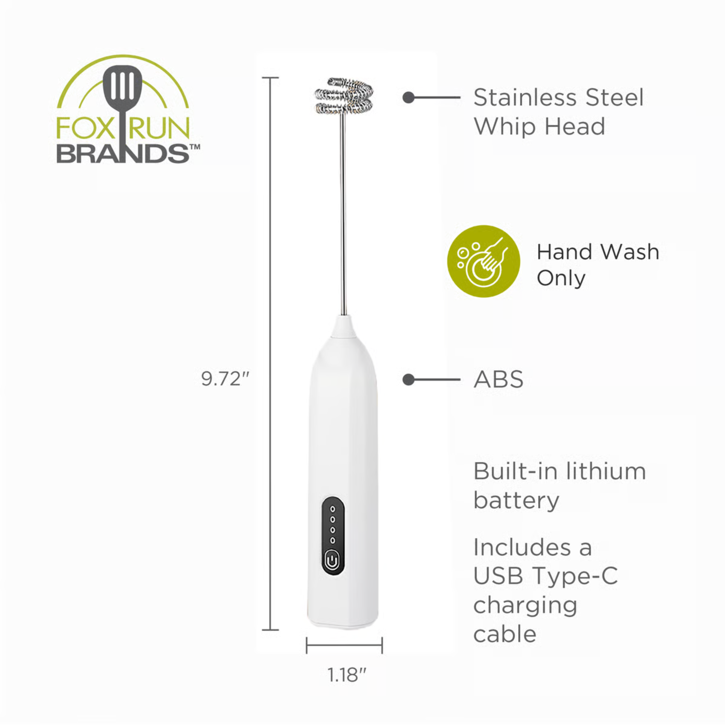 Fox Run Rechargeable Electric Milk and Coffee Frother, White, 9" #65172