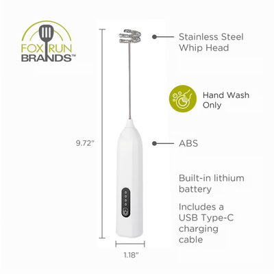 Fox Run Rechargeable Electric Milk and Coffee Frother, White, 9" #65172