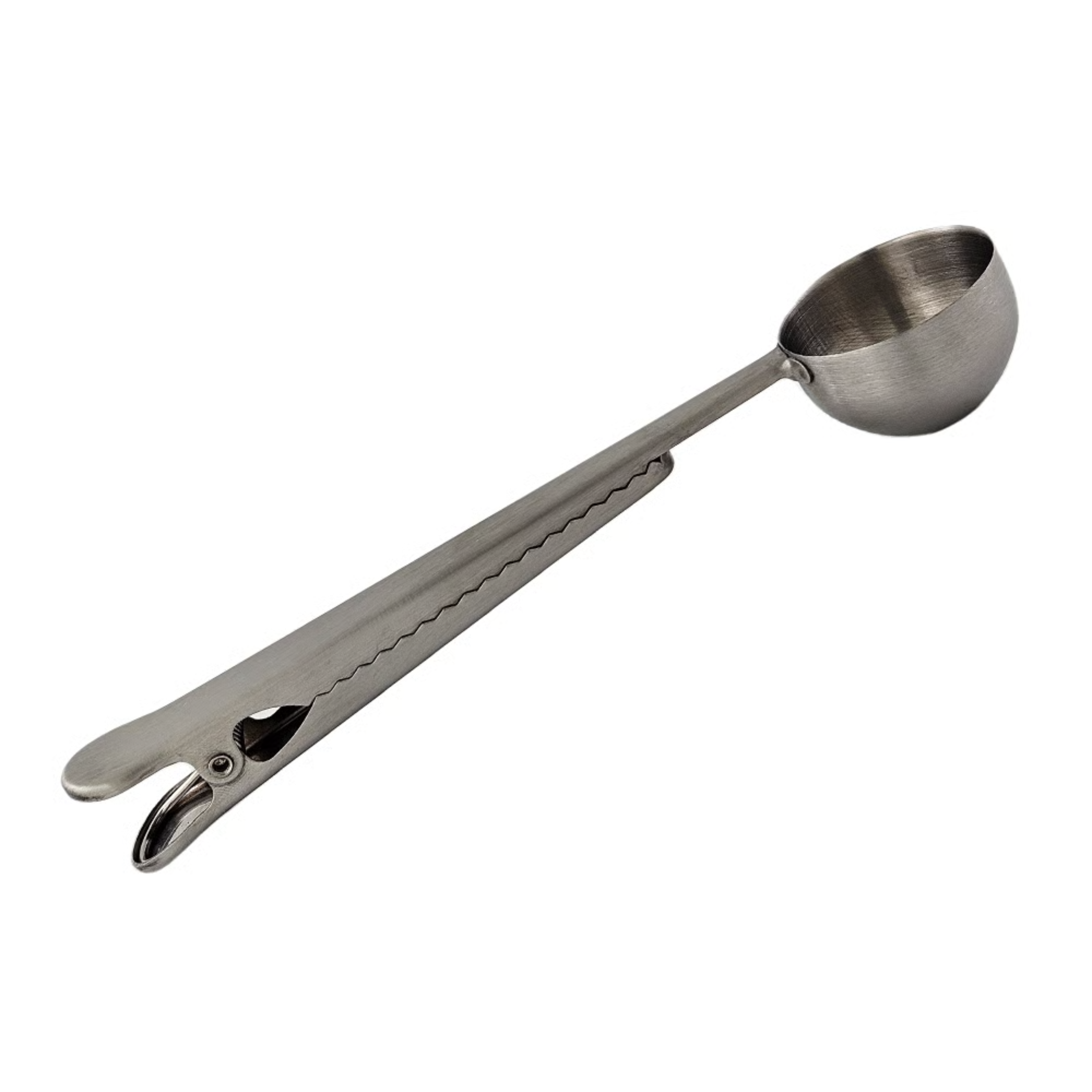 Metal coffee scoop with bag clip attachment against a white background.