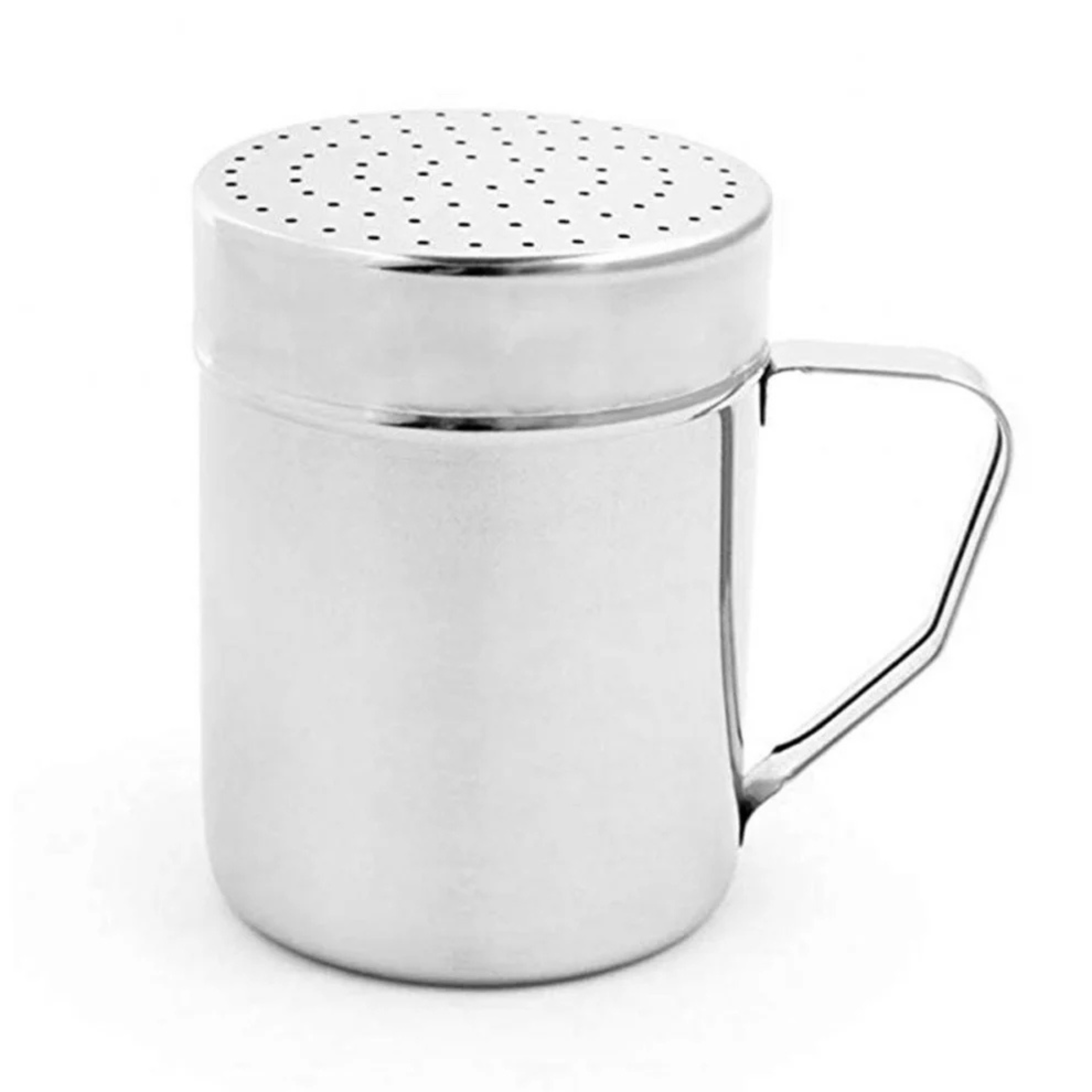 A stainless steel shaker container with a perforated metal lid and a curved handle, shown on a plain white background.