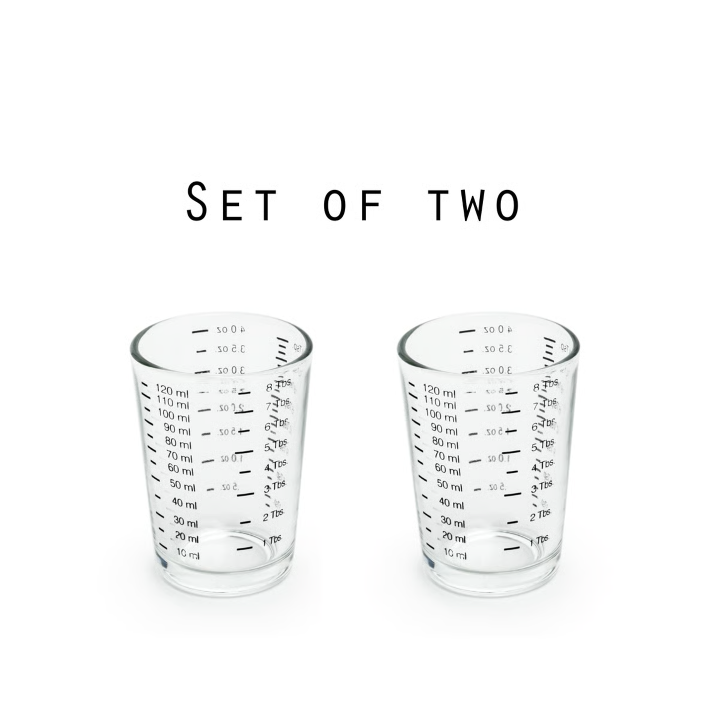 Two shot glasses side by side with the words "set of 2" written above.