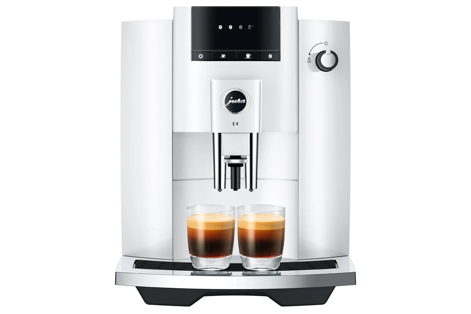 White coffee machine with two glasses of coffee on a white background