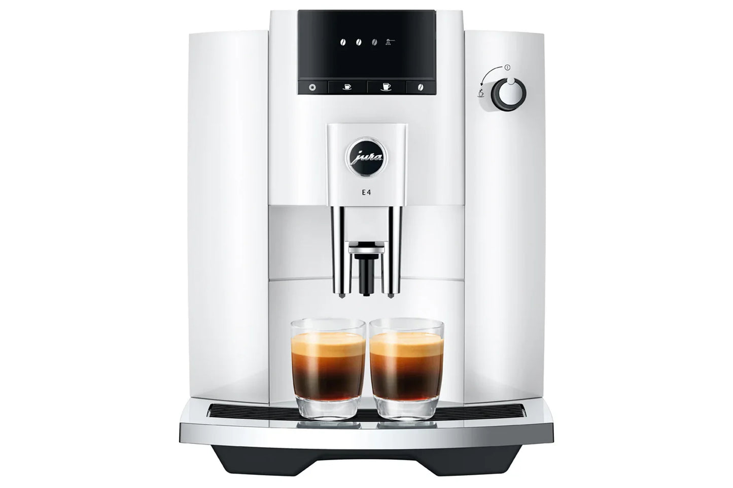 White coffee machine with two glasses of coffee on a white background