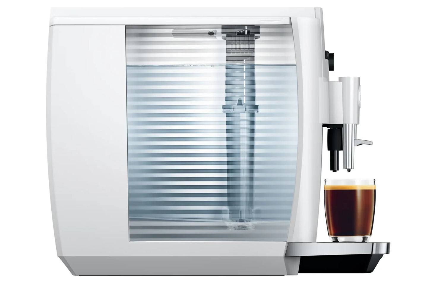 White coffee machine with a glass of coffee on a white background