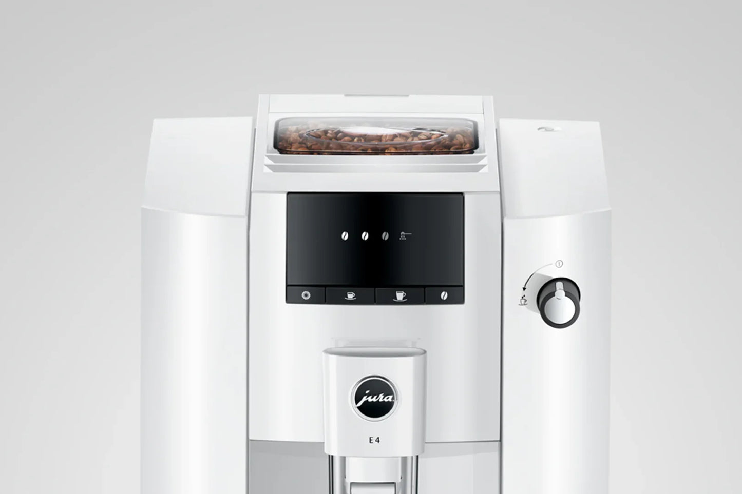 White coffee machine with a screen and control panel on a light gray background