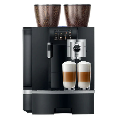Black coffee machine with two cups of coffee and a container of coffee beans on a white background