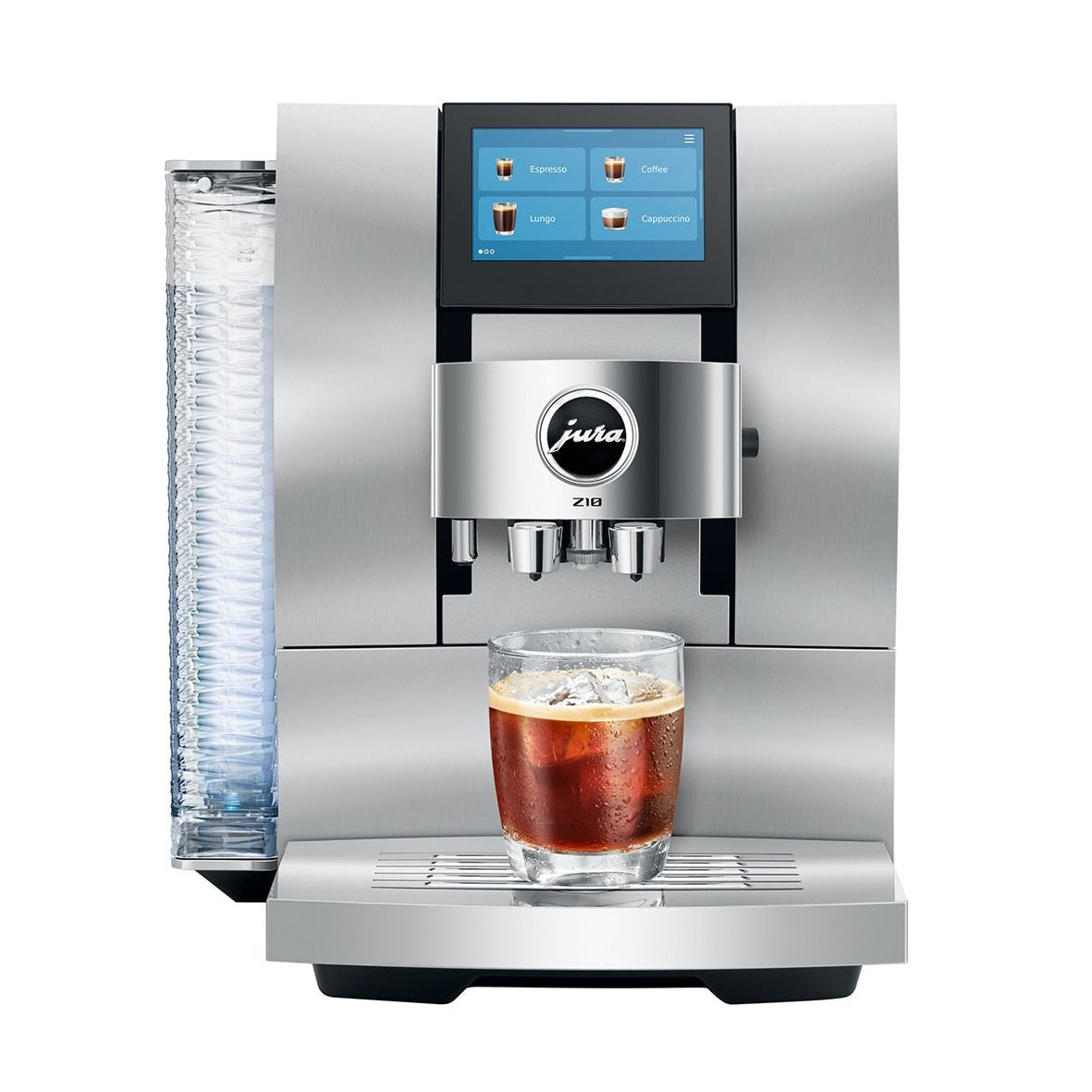 A Jura Z6000 automatic espresso machine in stainless steel, shown with a glass of iced coffee on its drip tray against a solid white background.