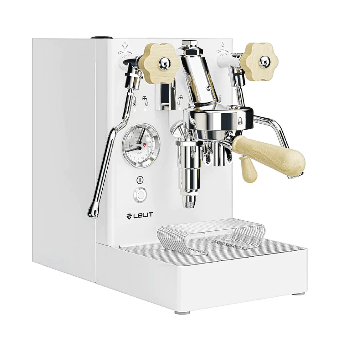 White espresso machine with chrome and wooden components on a white background