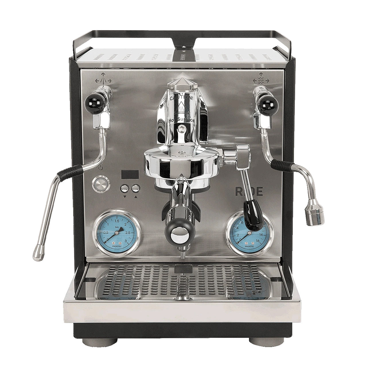 A professional semi-automatic espresso machine with a stainless steel front panel, black side panels, two blue dials, and chrome-plated metal components, shown against a plain white background.