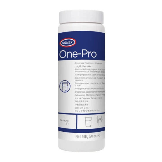 A white plastic bottle of Urnex One-Pro Servantine Equipment Cleaner with a blue and white label, shown on a plain white background.