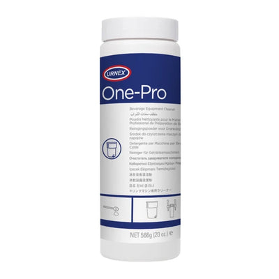 A white plastic bottle of Urnex One-Pro Servantine Equipment Cleaner with a blue and white label, shown on a plain white background.